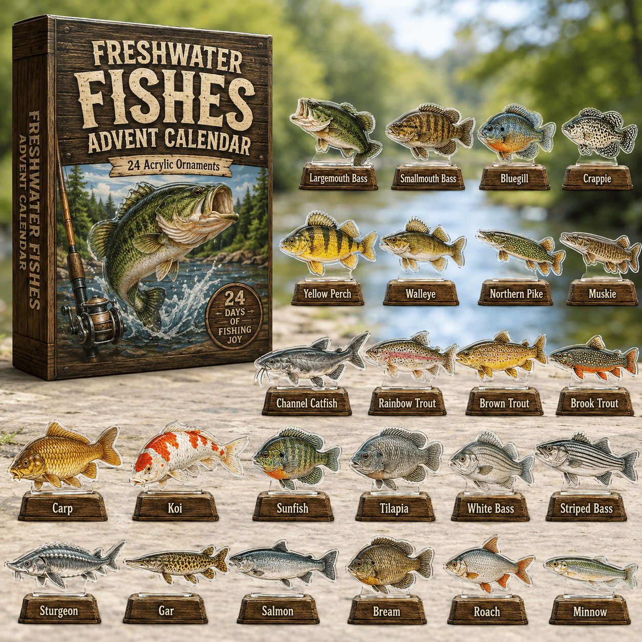 Freshwater Fishing Species Advent Calendar 2026 - 24-Day Festive Countdown, Acrylic Charms Blind Box - Gift For Fishing Lovers, Freshwater Fish Xmas Ornaments, Outdoor Seasonal Gift
