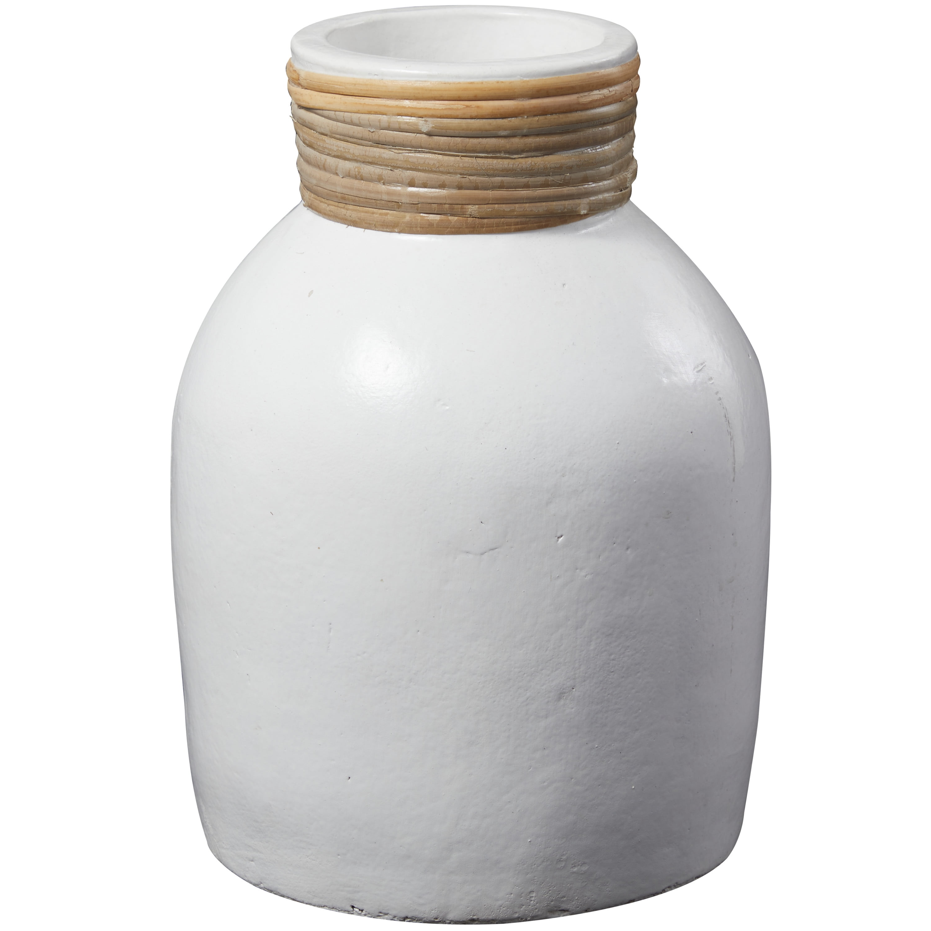 DecMode 11" White Ceramic Vase with Wrapped Rattan Detailing