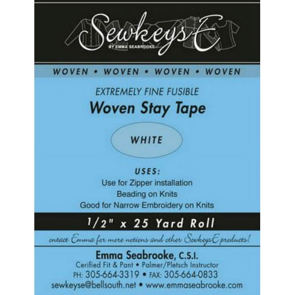 White - 1/2" Woven Stay Tape - 0.5" X 25 yards SewkeysE Extremely Fine Fusible Tape Sold by the 25 yard Roll (SST-02) M494.11