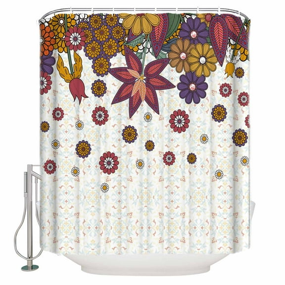 Fabric Shower Curtain, Bohemian Vintage Flower Pattern Bathroom Curtain with 12 Hooks Waterproof No Bad Odor Machine Washable Bath Curtains for Bathroom, Spa Room, Background Cloth, 72"x72"