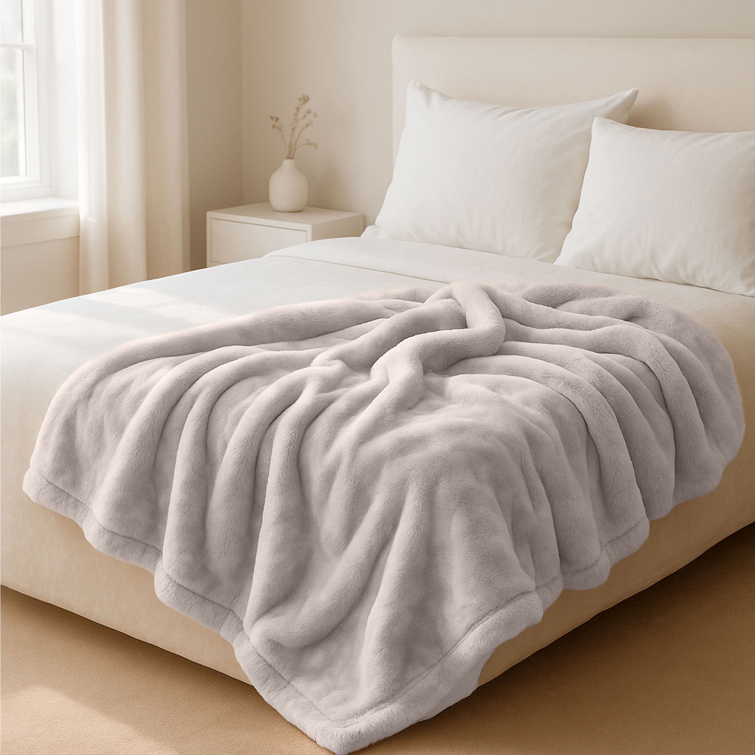 Somerset Home Mink Faux Fur Blanket - 91x81 Washable Bedding or Throw, Beige