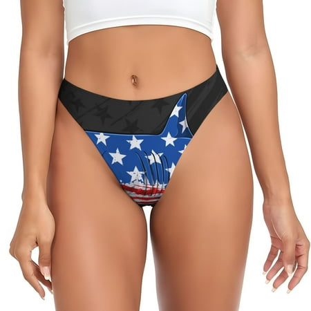 Qokaie Shark With USA Flag Printed Women s Cotton Thong Underwear  Sexy Breathable Panties G-string-Small