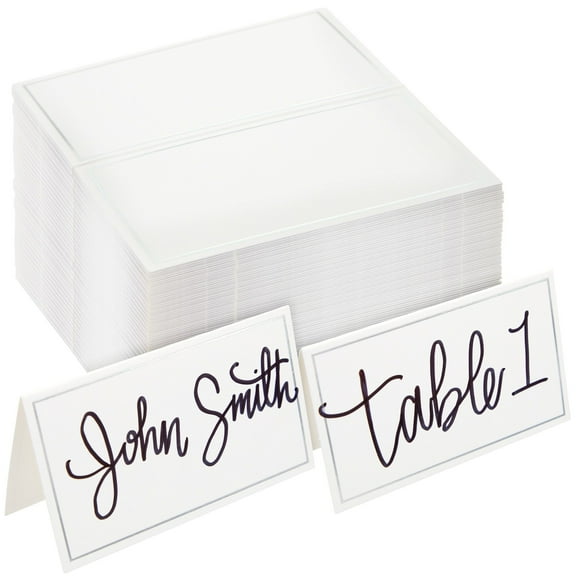 Best Paper Greetings Place Cards for Table Setting - 100-Pack 3.5 x 2 In White & Silver Foil Folded Tents - Wedding & Banquet Seating, Buffet Food Tags & Table Name Cards