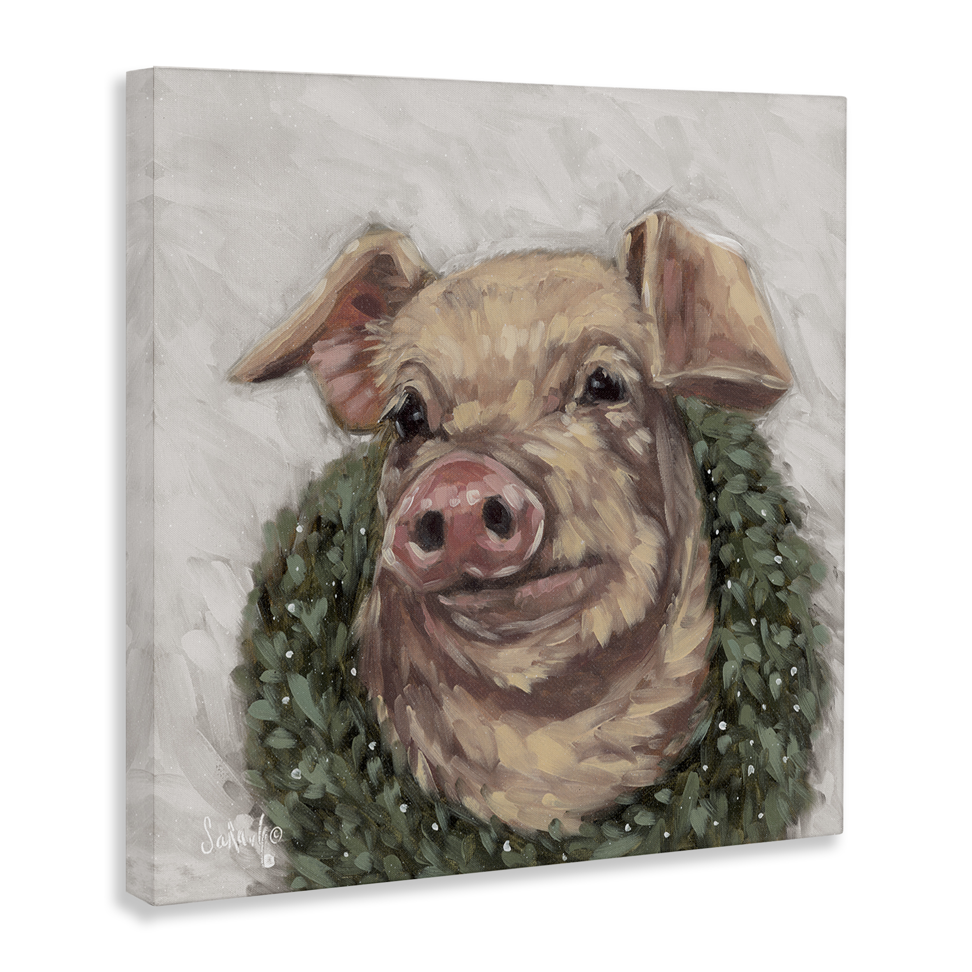 Stupell Industries Pig with Holiday Wreath Holiday Painting Gallery Wrapped Canvas Art Prints Wall Art, 24 x 24