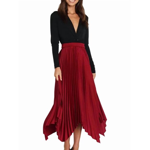 Pleated Skirts for Women High Elastic Waisted Flowy Asymmetrical Skirt High Low Summer Midi Skirts Wine Red S