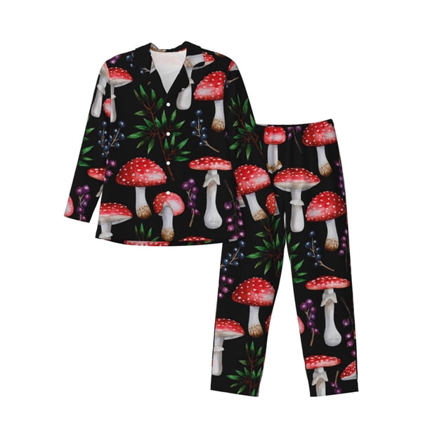 Balery Red Mushrooms Pijama para Hombre de Dos Piezas con Manga Larga, Conjunto de Dormir y Descanso Suave con Bolsillos-Medium