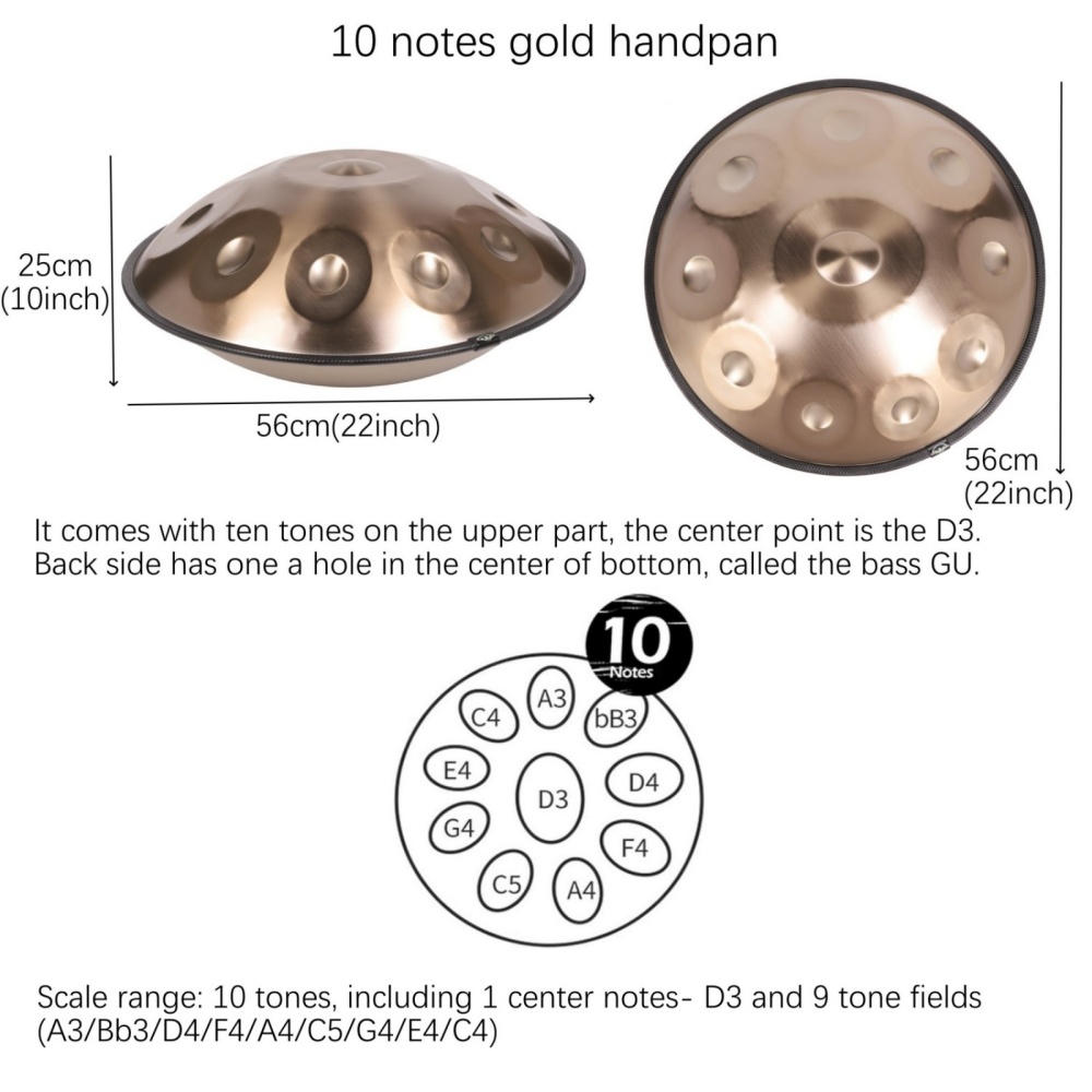 Latourreg 440Hz Tambourine drum in 22inch D Minor 10Notes Steel Tongue Gold Hand Pan Drum Instrument with Soft Hand Pan Bag, hand pan Mallet,Hand pan Stand,Dust-free