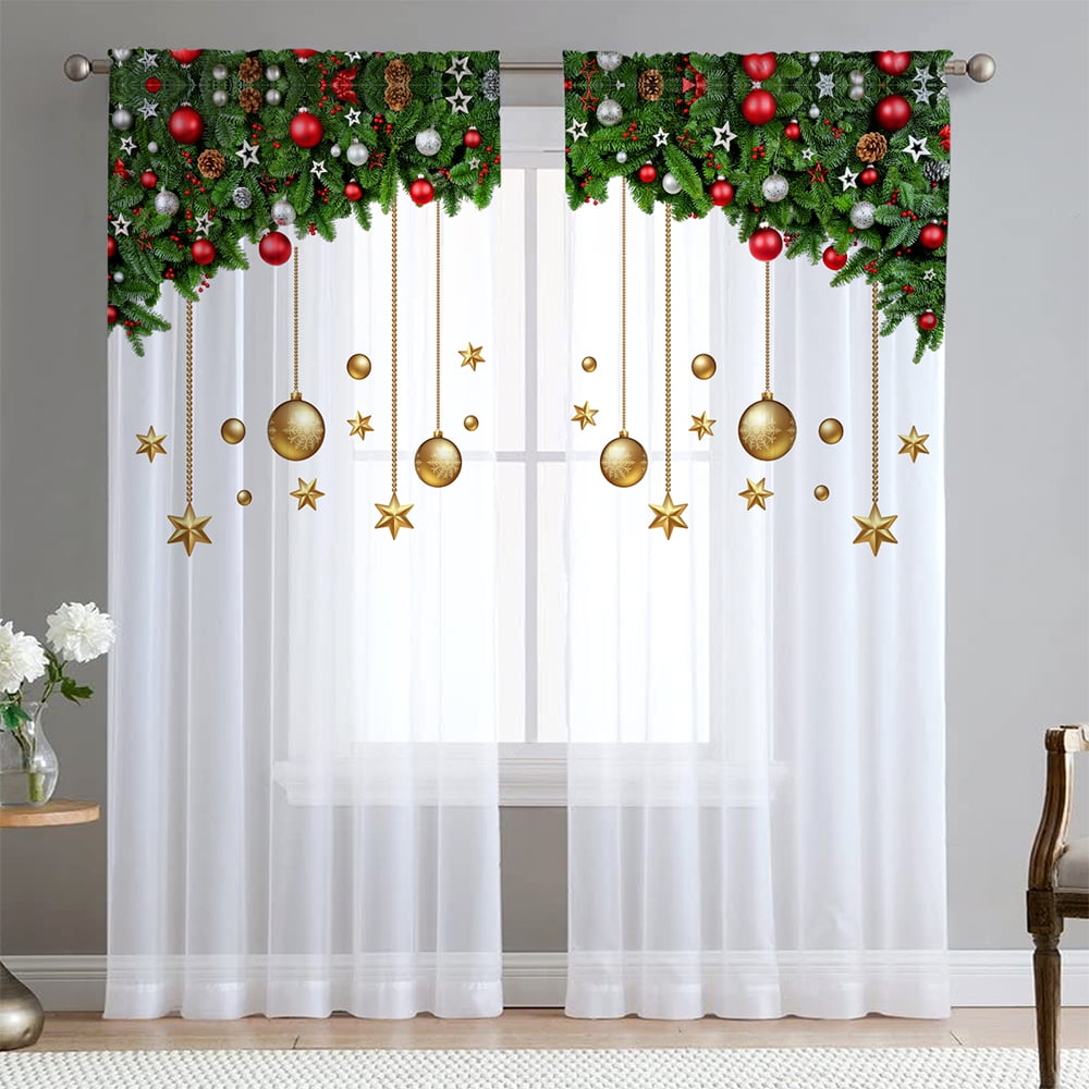 Goory Christmas Curtains Decoration 2PCS Window Curtain Linen Textured Living Room Christmas Curtains