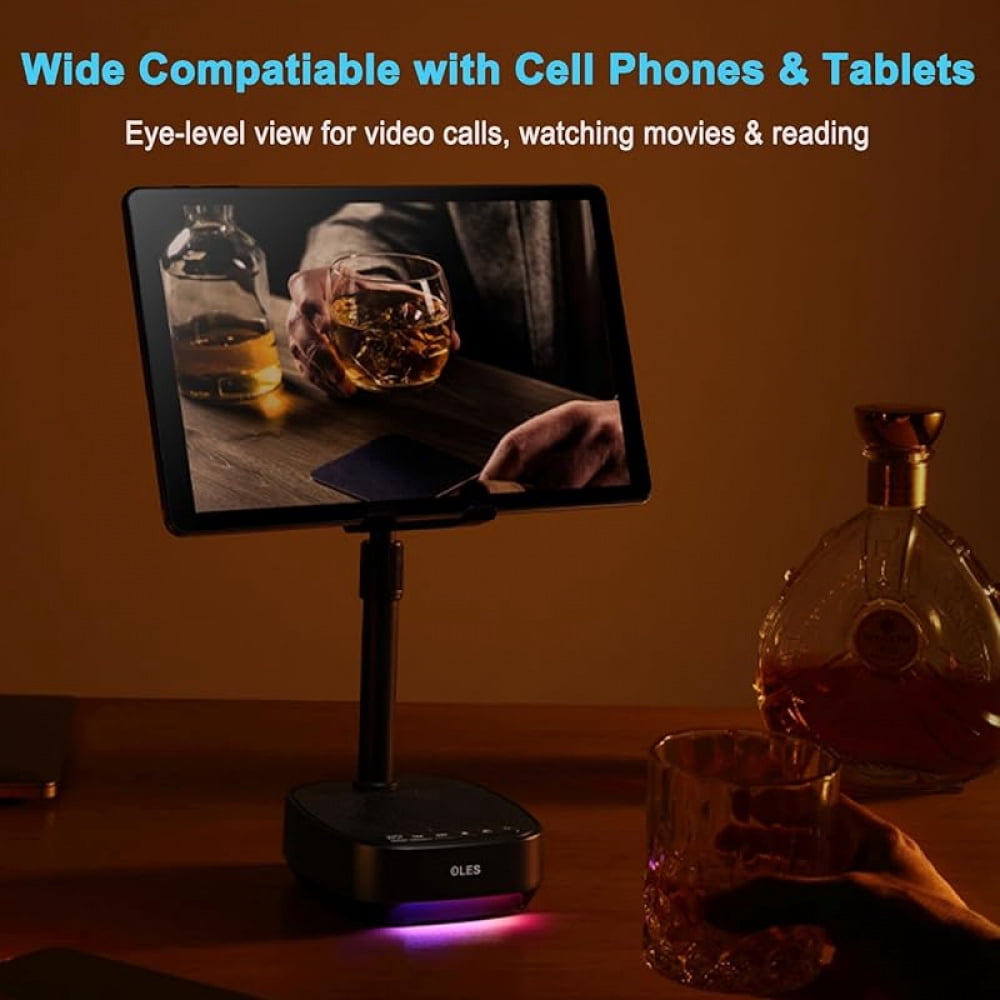Gifts for Men Women, Adjustable Cell Phone Stand with Wireless Bluetooth Speaker(7-11''Height), Unique Birthday Gifts for Dad Mom Him, Phone Holder Led Color Light for iPhone/Android/Tablets