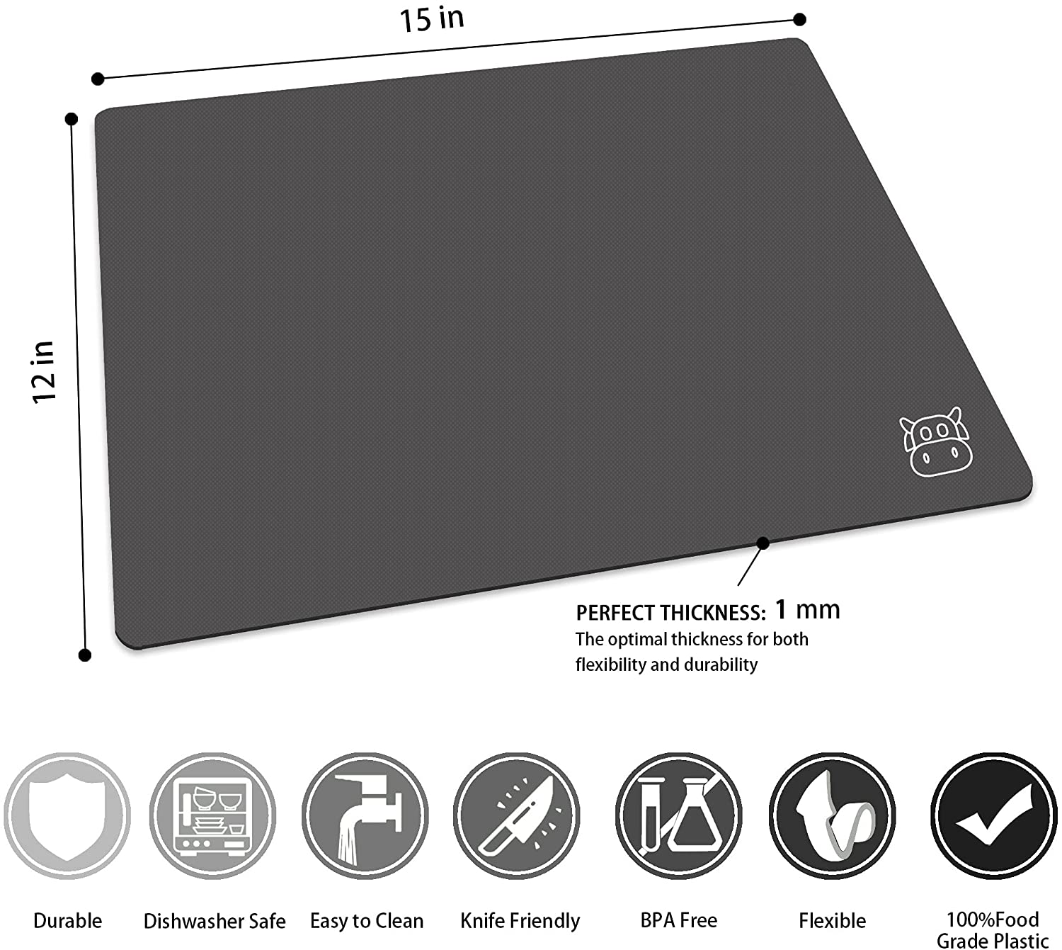 Flexible Plastic Cutting Board Set of 5 Gradient Color, Colorful Chopping Boards, BPA Free Mats, Non-Slip, Dishwasher Safe, 15x12 Inch, Gray Neutral Colors