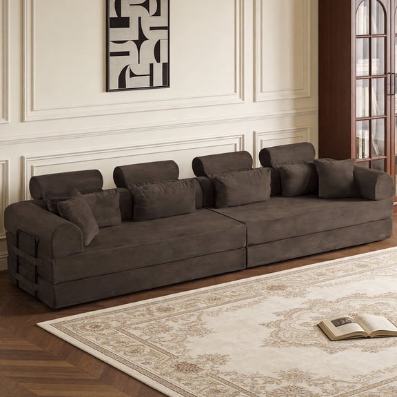L shape Modular Sectional Sofa Couch , 4 Seat Compressed Sectional Sofa Modern Minimalist Style Corduroy Sofa Couch,Unfold into a bed for Living Room, Apartment, No Assembly Required, Brown