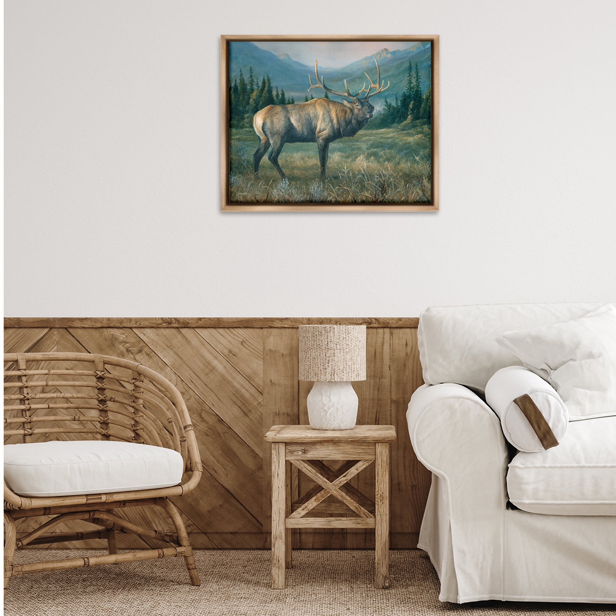 Stupell Industries Powerful Elk in Field Animals Painting Brown Floater Framed Canvas Art Print Wall Art, 31 x 25