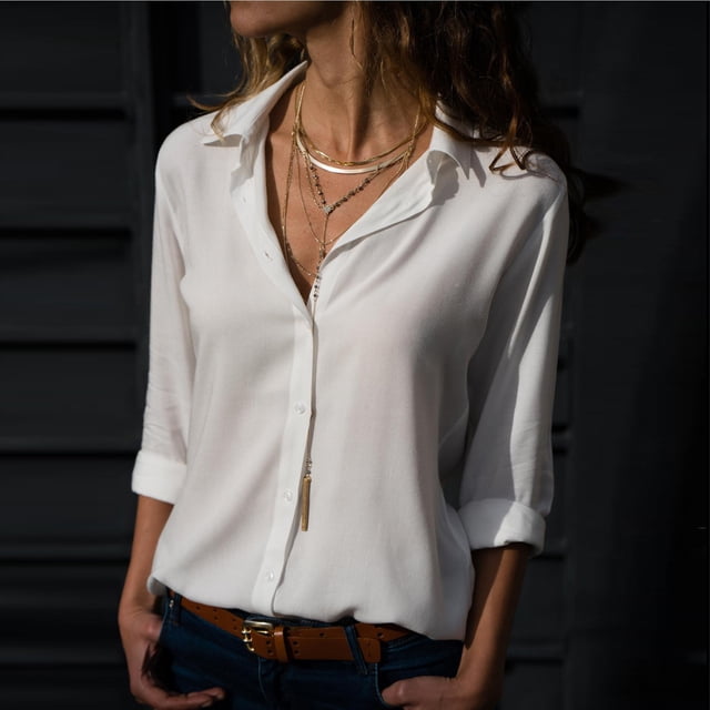 Pxiakgy blouses pour Femmes Col Rabattu Chemise Régulière Blanche + US:4