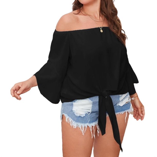 Womens Plus Blouses Casual Plain Off Shoulder Top 4XL Black - Walmart.com