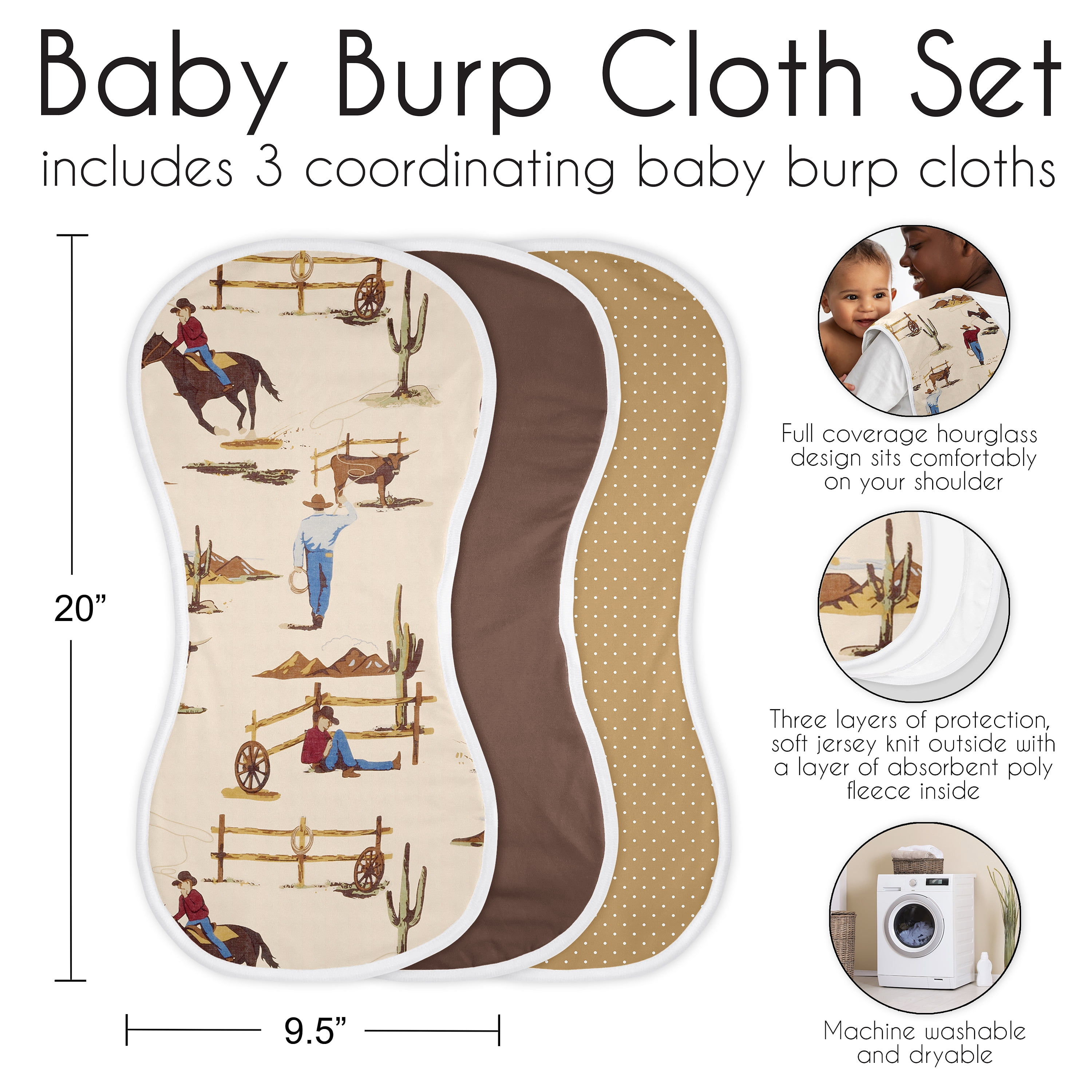 Sweet Jojo Designs Wild West Cowboy Brown Red Blue Absorbent Burp Cloths 3 Piece Set