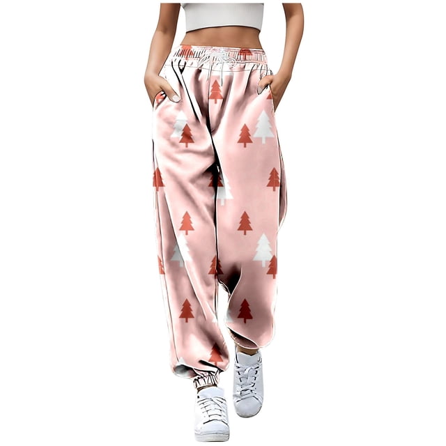 Women's Plus Size Christmas Tree Jogging Pants High Waisted Comfortable Drawstring Sweatpants With Pockets Casual Wear