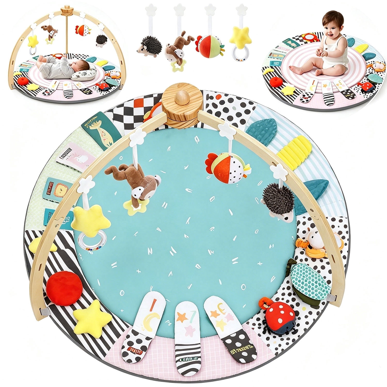 Wooden Gym Mat with Detachable Sensory Toys Baby Playmat for Infants Tummy Time Activity Mat Newborn Baby Gift,Green