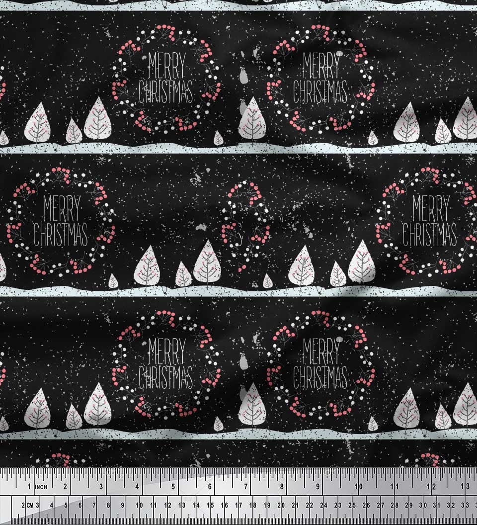 Soimoi Black Heavy Satin Fabric Red Berries & Merry Christmas Text Printed Fabric 1 Yard 54 Inch Wide
