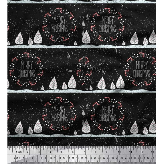 Soimoi Black Moss Georgette Fabric Red Berries & Merry Christmas Text Fabric Prints By Yard 42 Inch Wide