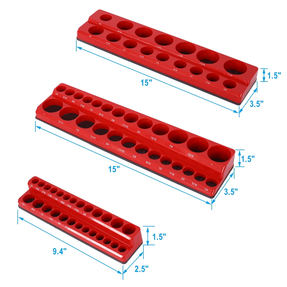 3 Piece Magnetic Socket Organizer Set, 1/2", 1/4" and 3/8" Socket Holder Kit, Attaches to Steel Box / Tool