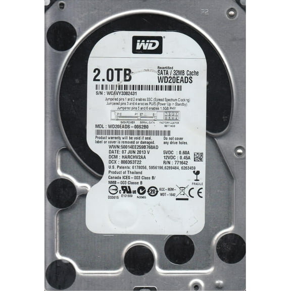 WD20EADS-00S2B0, DCM HARCHV2AA, Western Digital 2TB SATA 3.5 Hard Drive