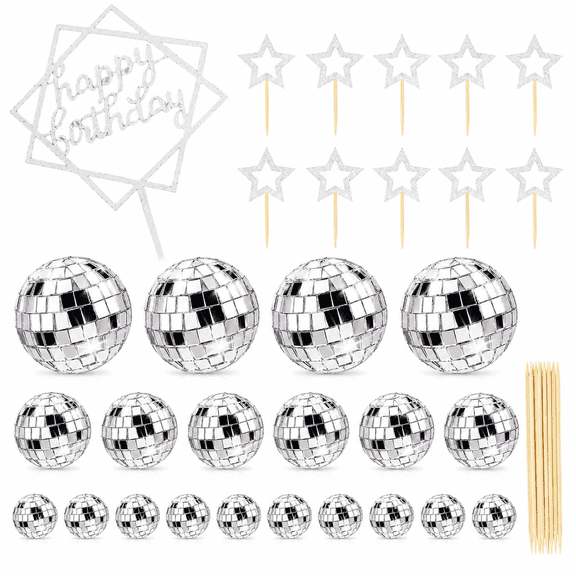 33Pcs Disco Ball Cake Toppers Silver Disco Balls Cake Decorations with Mirror Balls Happy Birthday Cake Topper and Star Cake Toppers for 70s 80s Disco Music Dance Themed Party Decorations Supplies