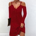 thumbnail image 2 of Sexy mujer verano Casual suelta manga completa lentejuelas brillantes cuello en V hueco sin grapas sólido Sling vestido Fridja  NMB3588, 2 of 6
