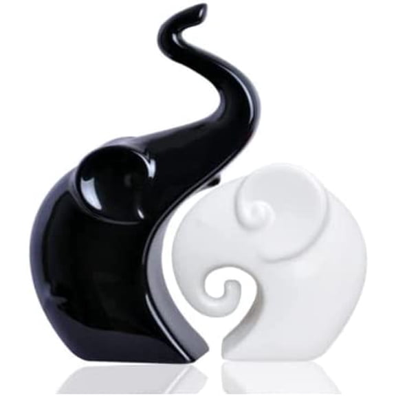 Ceramic Lucky Charm Elephant Couple Piano Finish, Art&Showpiece/Statue/Figurine, (Set of 2, White and Black)