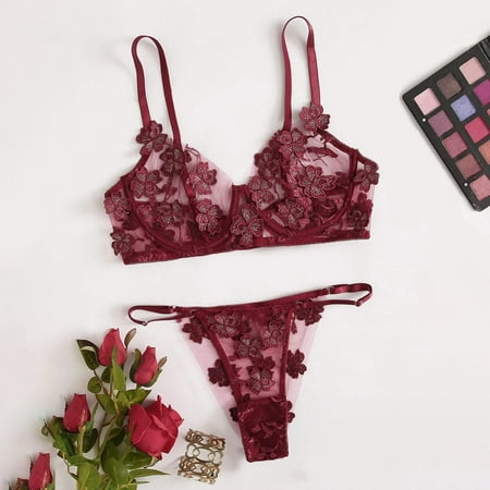 

Tangnade Valentines Clothing G-string Flowers Embroidery Bralette Lace Bra Bustier Lingerie Thong