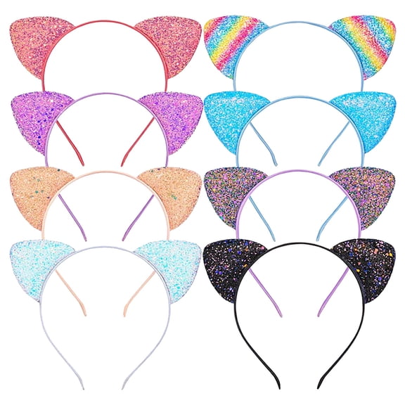 CXHEGBEJ 8Pcs Sparkly Cat Ears Headbands for Women Glitter Cat Ear Hair Clip Head Hoop Shiny Hair Bands Hair Accessories For Party Daily Supplies Multicolor