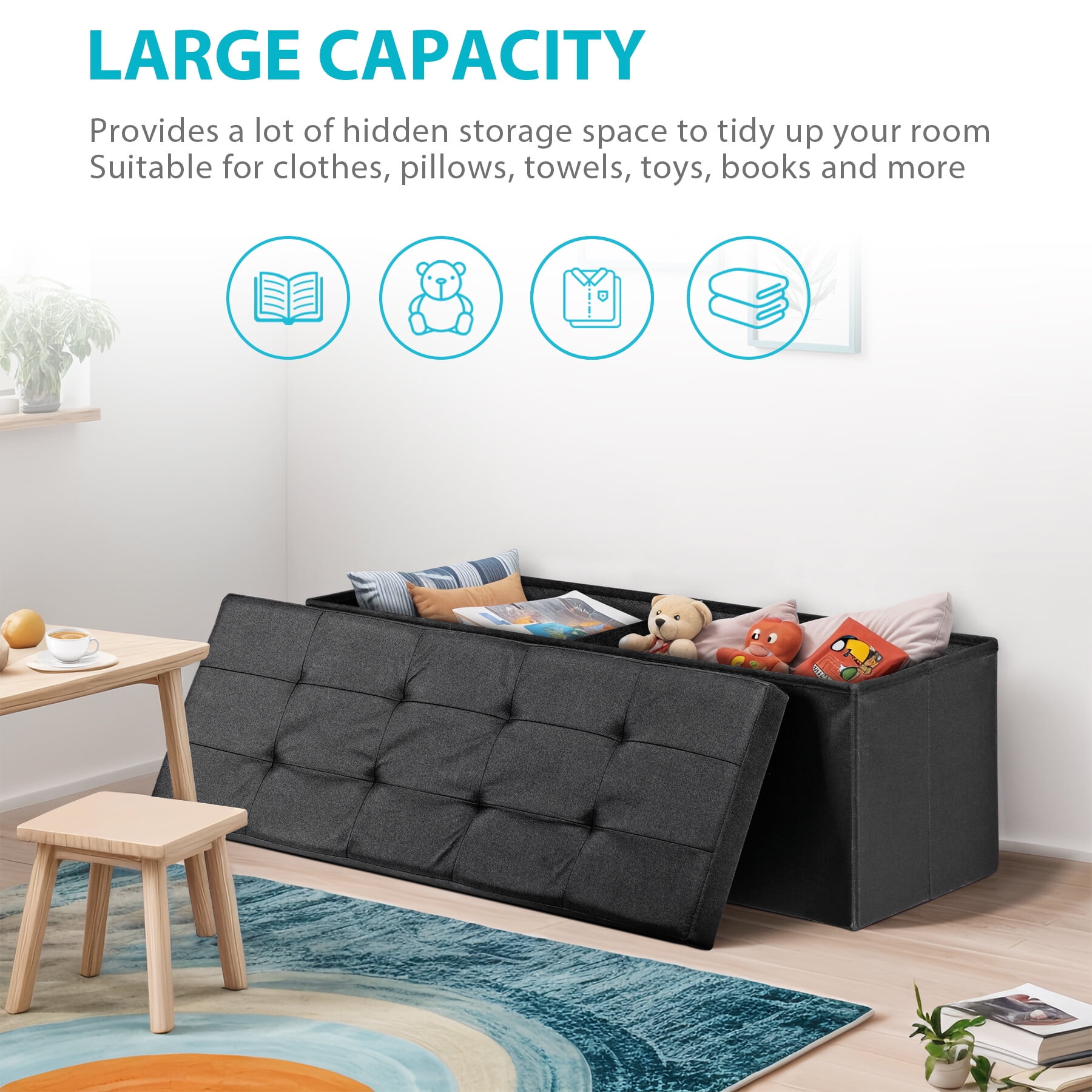HomGarden 43'' Linen Storage Ottoman Bench, Foldable Footrest Stool W/ Divider, Black