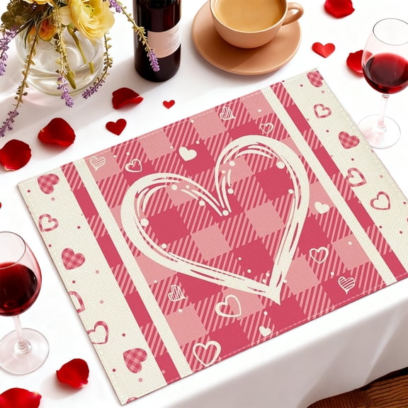 Janrevotw Pink Buffalo Plaid Love Hearts Valentine Placemats Set of 2, 12x18 Inch Anniversary Table Mats for Party Kitchen Dining Decoration