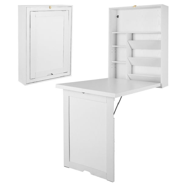 Ghp White Mdf Wall Mounted Multifunctional Folding Desk W 2 Shelves Safety Lock Walmart Com Walmart Com