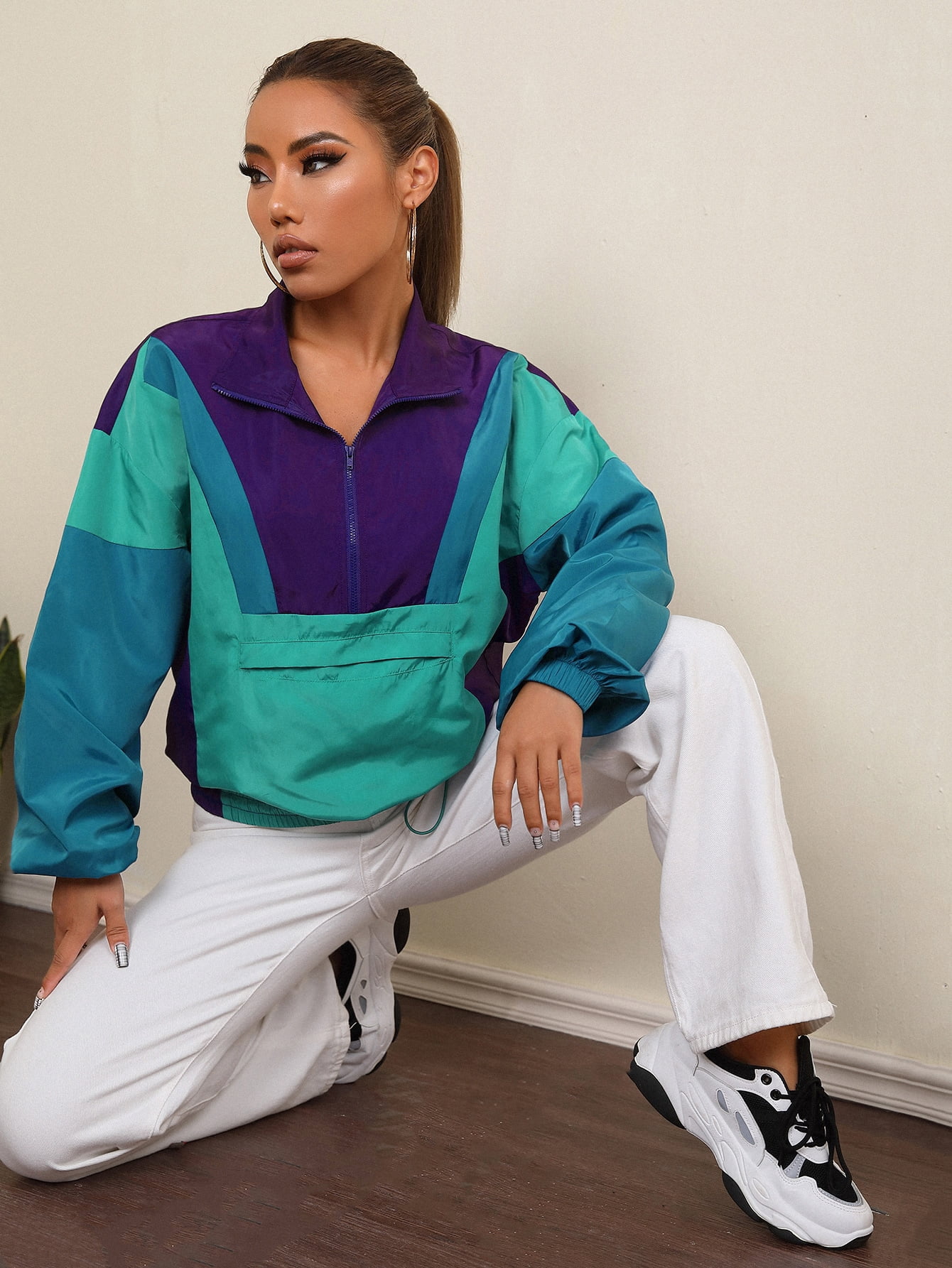 Women's Colorblock Half Zipper Placket 