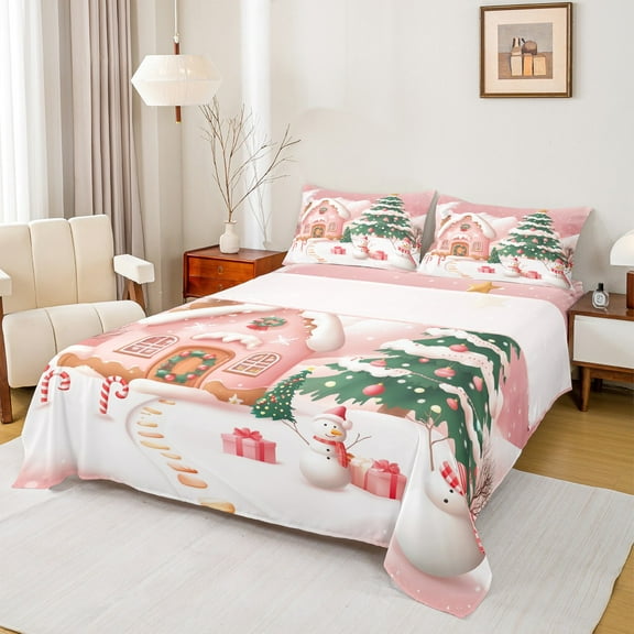 Manfei Girls Pink Christmas Twin Sheet Sets 3 Pieces, Gingerbread House Snowman Twin Fitted Sheet, Xmas Tree Sled Flat Sheet, Breathable Home Decor