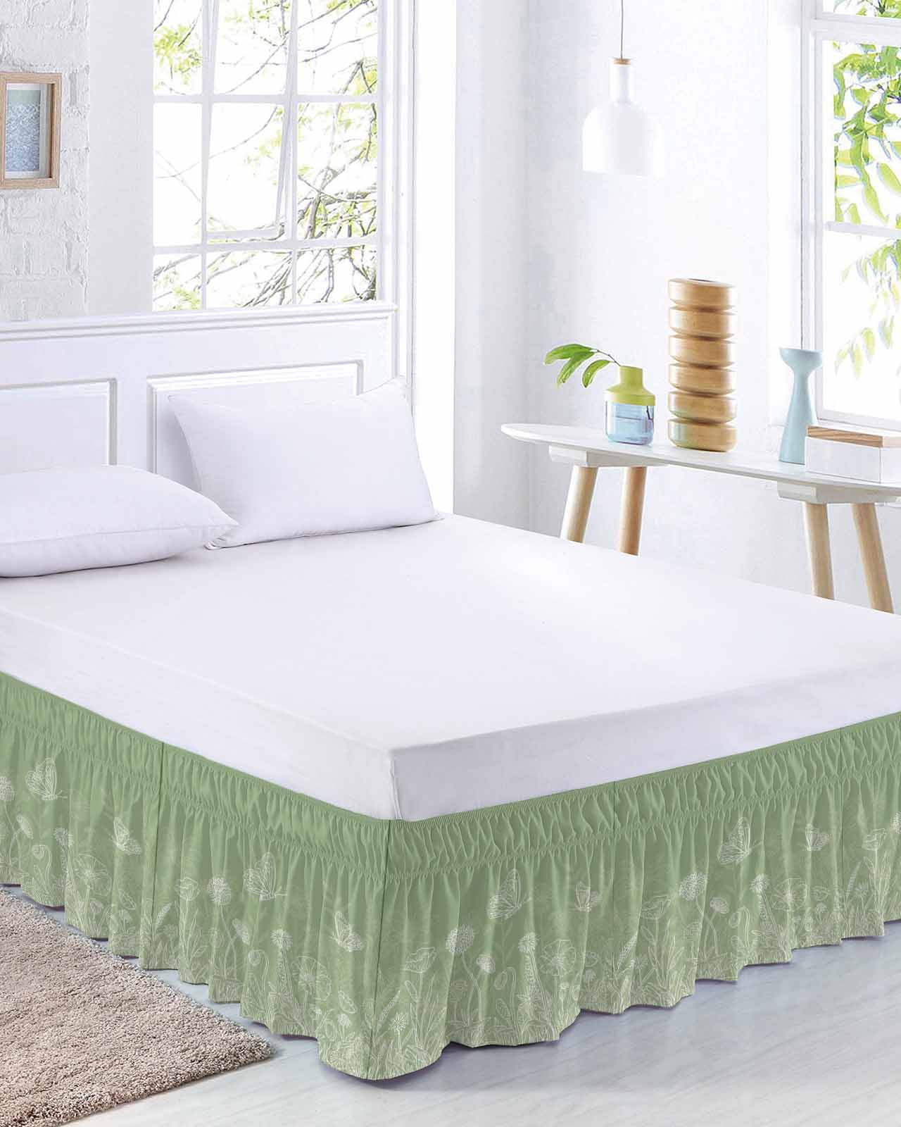 Spring Flower Butterfly Bed Skirt Queen Size 16 Inch Drop, Plant Floral Lines Countryside Green Adjustable Elastic Dust Ruffles Bedskirt for Queen Bed Wrap Around Pleated Mattress Frame Cover