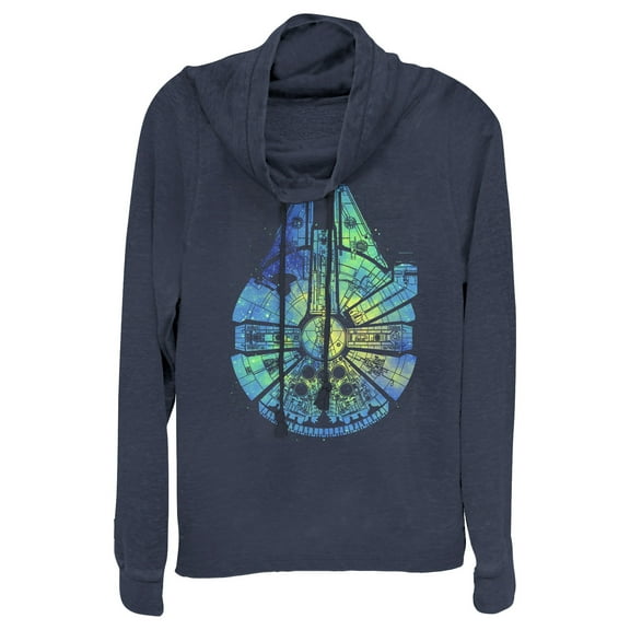 Junior's Star Wars Watercolor Millennium Falcon Cowl Neck Sweatshirt Navy Blue Large