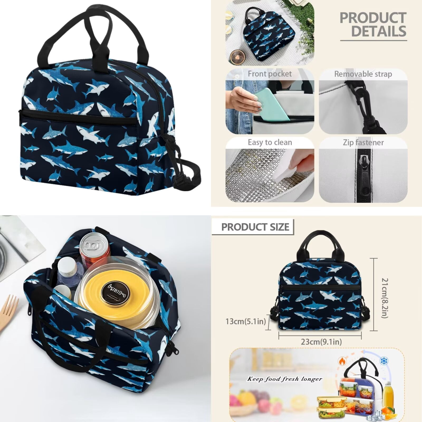 Pzuqiu Shark Print Cute Back Pack Backpacks for Boys with Lunch Box Pencil Bag Water Bottle Holder 17 Inch School Backpack for Boy 4 Pcs Daypack Travel Bag for Kids 8-12