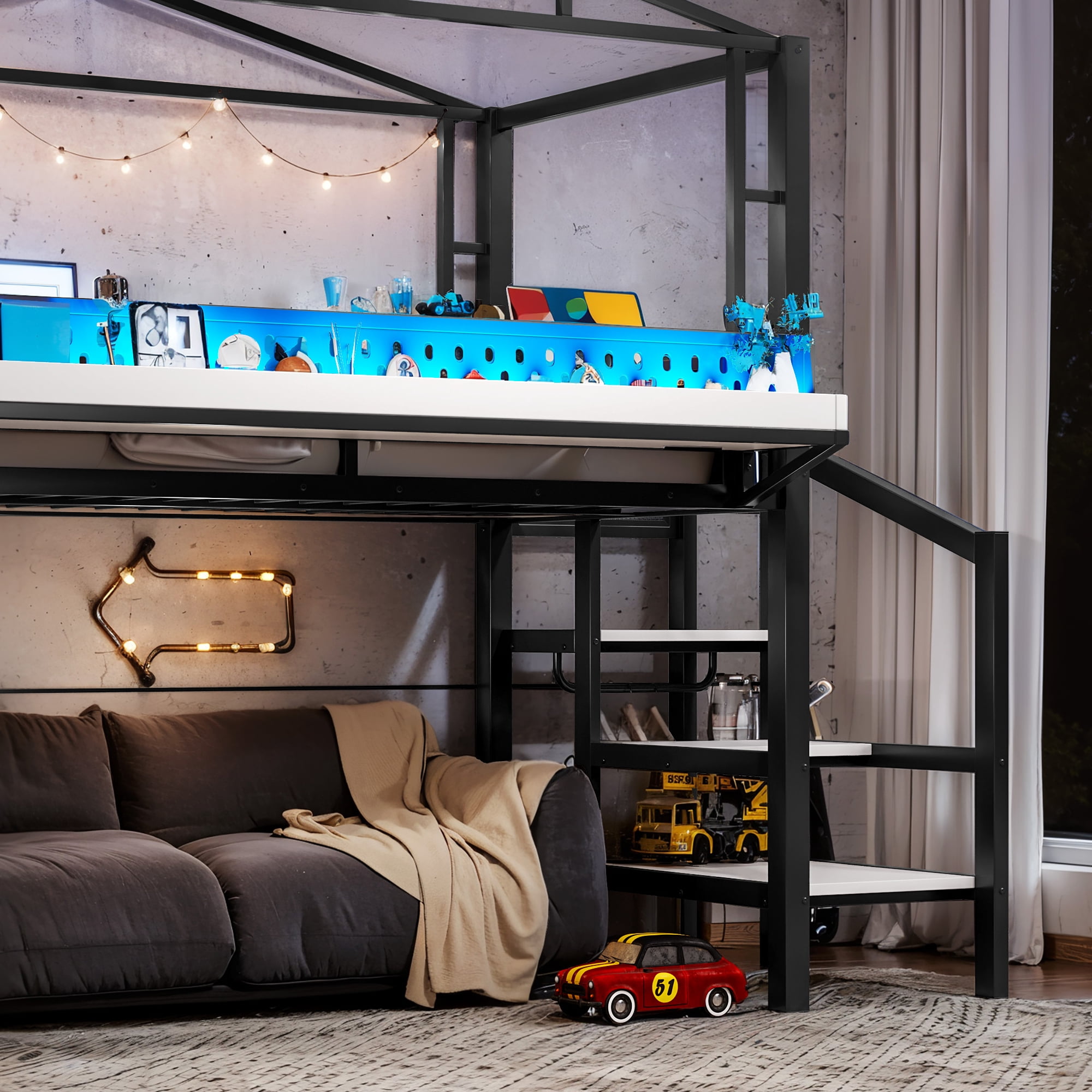 Leumius Twin Size Loft Bed with Storage Stairs, Metal Loft Bed Frame with Built-in Wardrobe,Storage Shelves,USB Ports and LED Lights,Noise-reduced Design,Black