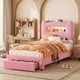 thumbnail image 1 of QinaQin Base de cama infantil matrimonial con luces LED, cabecera con almacenamiento y cajón, estación de carga USB y Type-C, diseño bajo, silencioso y resistente para niñas y niños, 1 of 7