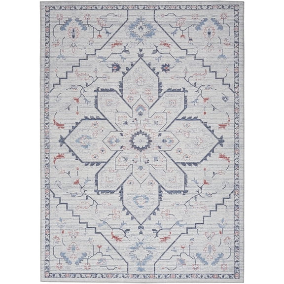 HomeRoots 6' X 9' Ivory And Blue Oriental Power Loom Washable Area Rug