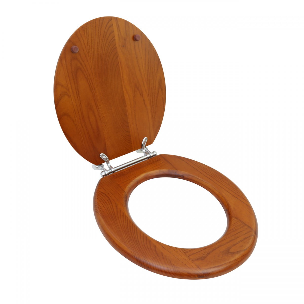 Wooden Round Toilet Seat in Light Mahogany Finish w/Chrome Hinges Easy Clean Wood Toilet Seats w/Soft Bumper Stabilizers | Renovators Supply