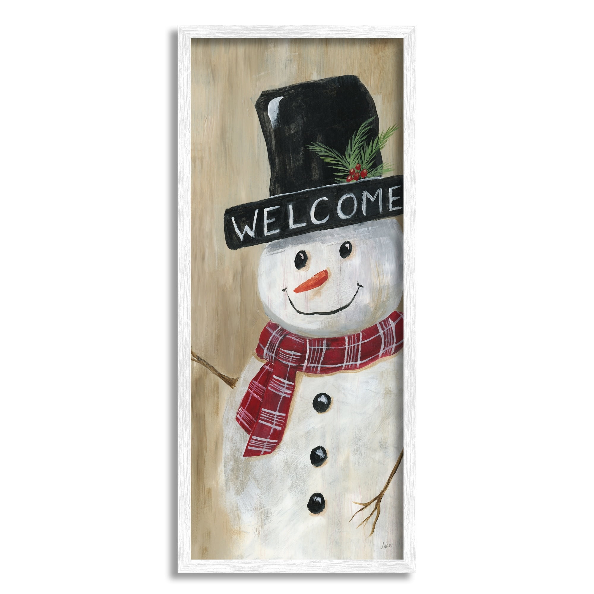 Stupell Industries Welcome Greeting Rustic Winter Snowman Festive Holly Hat, 10 x 24, Design by Nan
