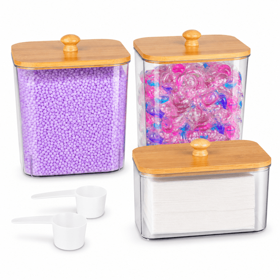 Laundry Detergent Dispenser Set, 3 Pack Laundry Room Organization Containers with Bamboo Lids and 2 Scoops, Clear Laundry Pods Storage Bin for Scent Boosters, Dryer Sheets, Powder, Laundry Room Decor