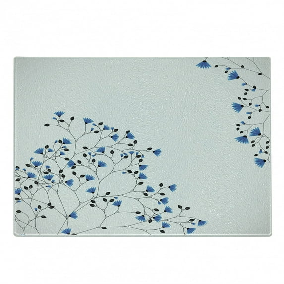 Vintage Blue Cutting Board, Illustration of Branched Blue Anemone Blanda Flowers and Tiny Leaves, Decorative Tempered Glass Cutting and Serving Board, Small Size, Blue Black and White, by Ambesonne