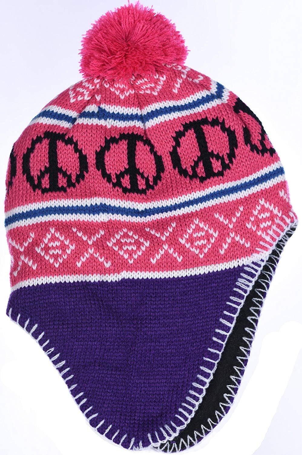 SWAK Girls Micro-Fleece Lined Knit Hat Ear Flaps Pom Top in 3 Colors 