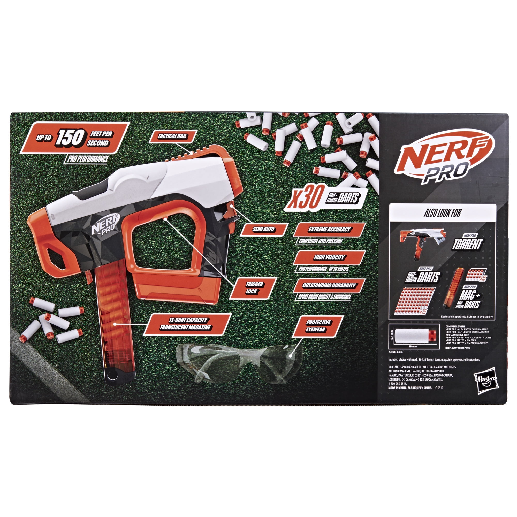 Nerf Pro Sender Half-Length Semi Auto Dart Blaster, 30 Nerf Pro Half-Length Darts, Magazine, 14+