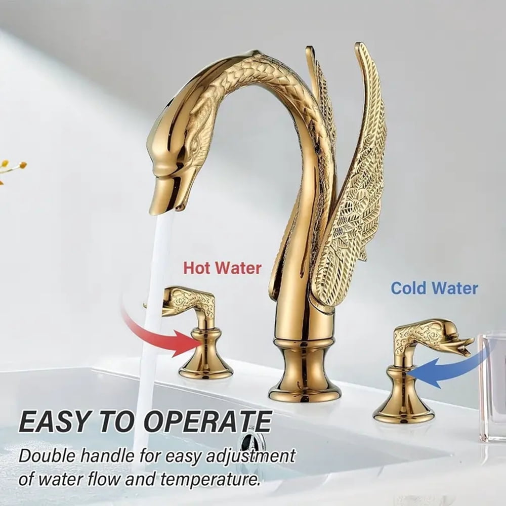 Gold Swan Bathroom Sink Faucet 3 Holes Dual Handle Basin Mixer Taps Deck Mounted