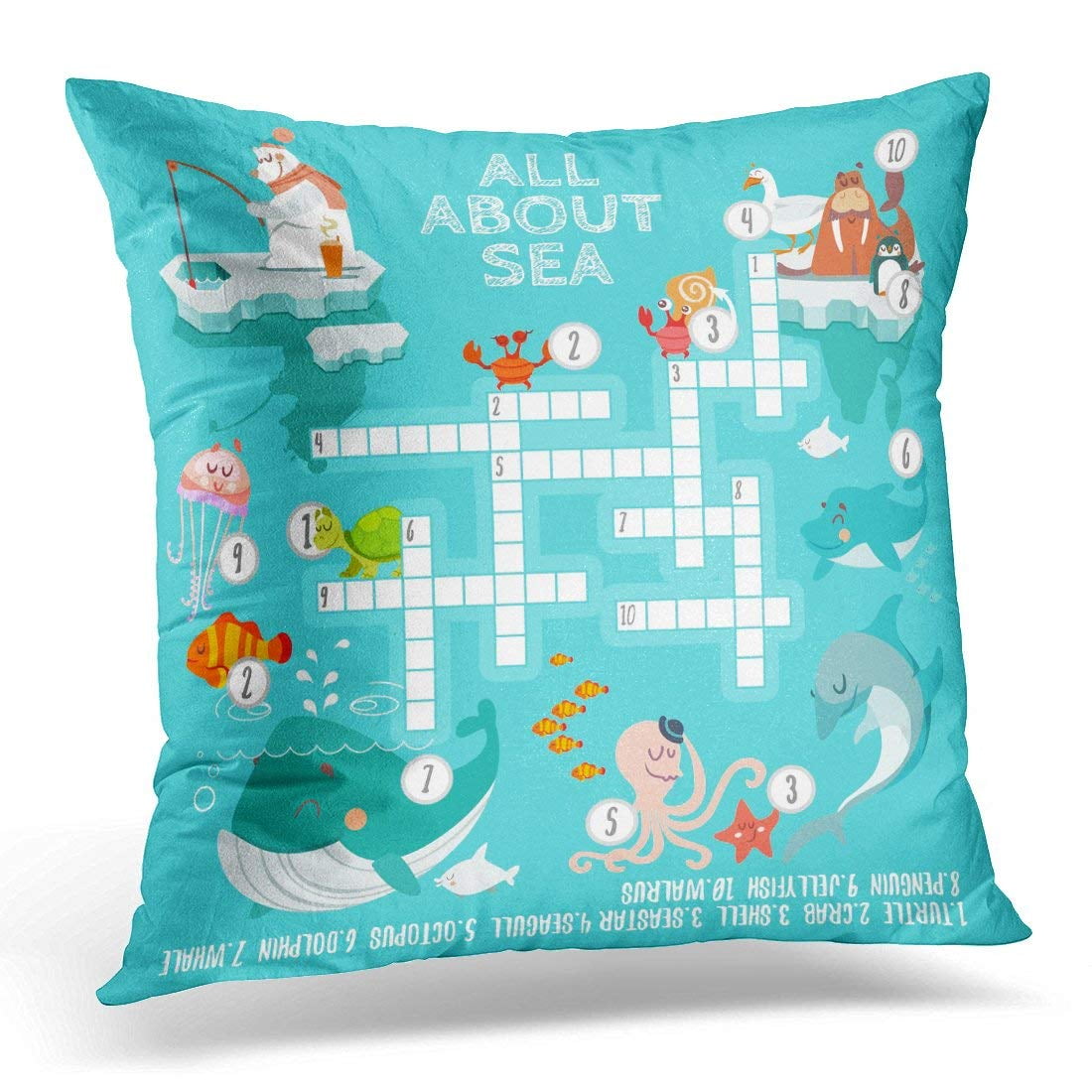 EREHome Funny Crossword Game with Cute Cartoon Sea Inhabitants Ready Design  Concept for Preschool Education Pillow Cover 16x16 Inches Throw Pillow ...