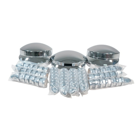 Steel Chrome Axle Wheel Cover Set - Includes (2) Front Hub Caps, (4) Rear Hub Caps, (60) Lug Nut Covers 33mm for Semi Truck | Axle Cover Combo Kit